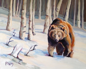 Pam ROberts Painting of a bear in a birch tree forest