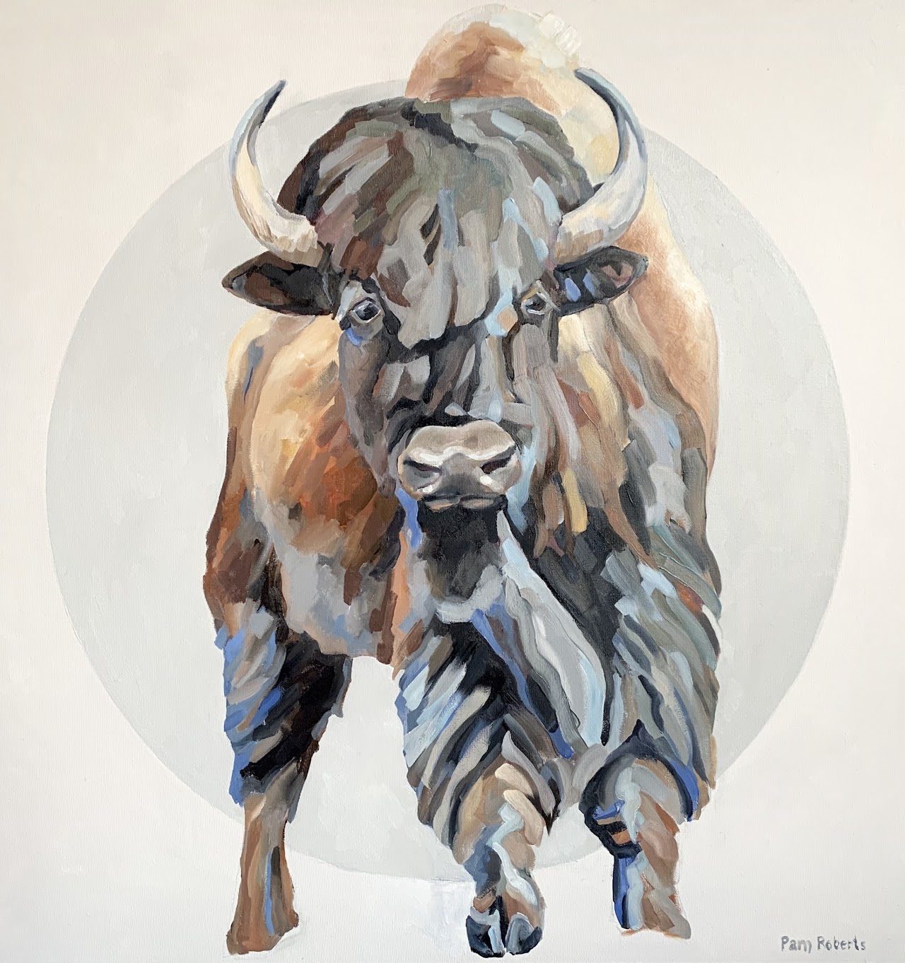 Pam Roberts painting of a bison with baby blue highlights