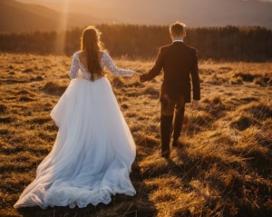 A couple walking hand-in-hand during an elopement ceremony near Banff, Alberta.