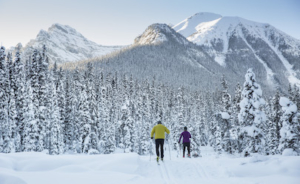 A couple cross country skiing in the winter near Canmore.