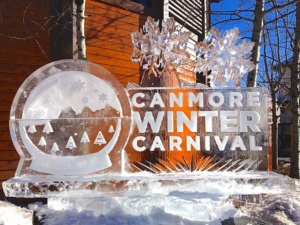A sign carved in ice for the Canmore Winter Carnival.