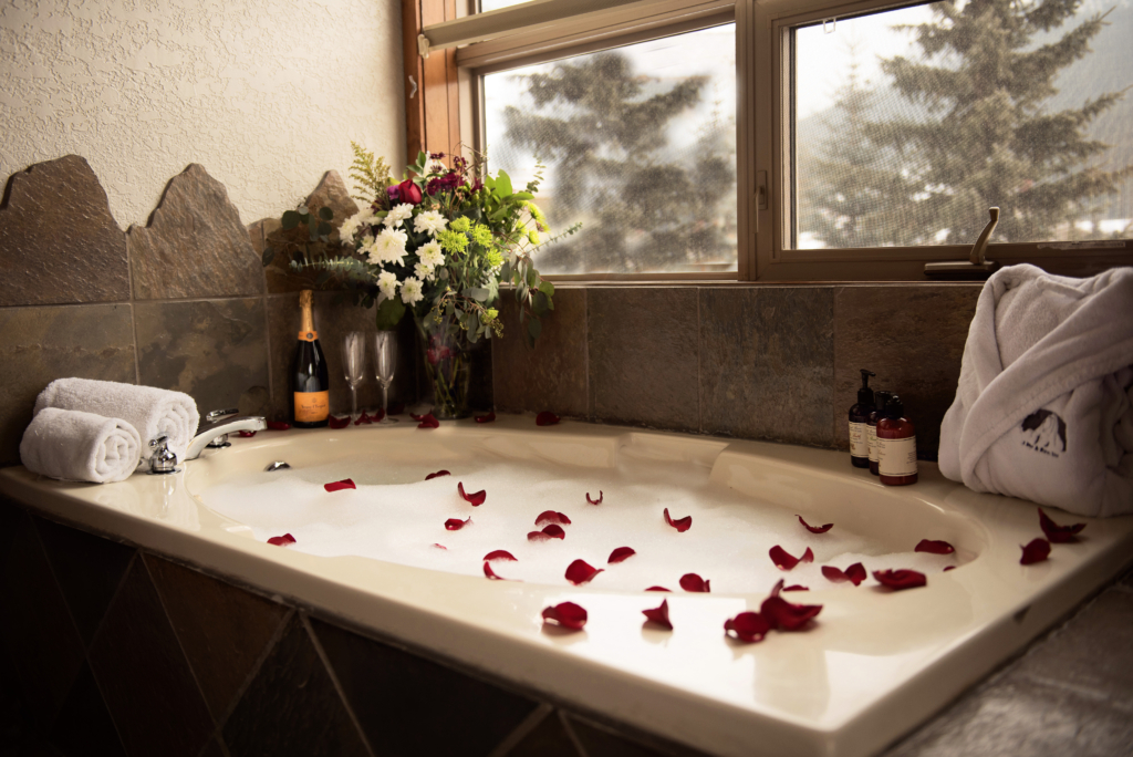 Jacuzzi tub, mountain view, rose petals, valentines